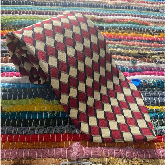 Bolgheri 100% Silk Tie, Burgundy/Tan/Gold/Black Geometric Print, Made In Italy - Picture 7 of 8